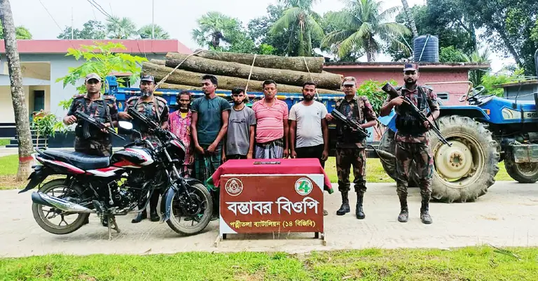 কাঠ ও ট্রাক্টরসহ বিজিবির হাতে আটককৃত চোরাকারবারিরা